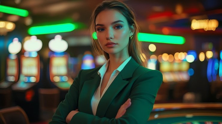 Blackjack table dealer dealing cards to four player positions
